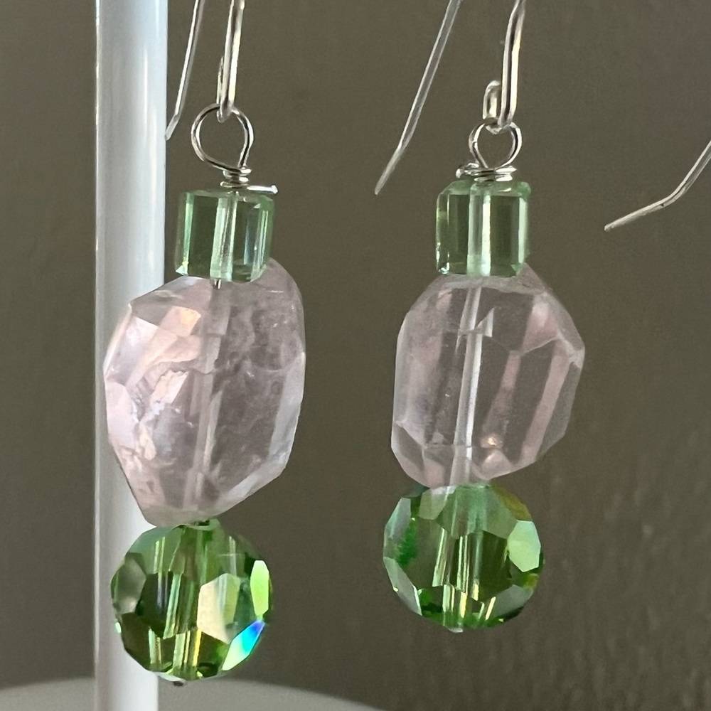 Pink and Green Faceted Bead Drop Earrings - Women Jewelry